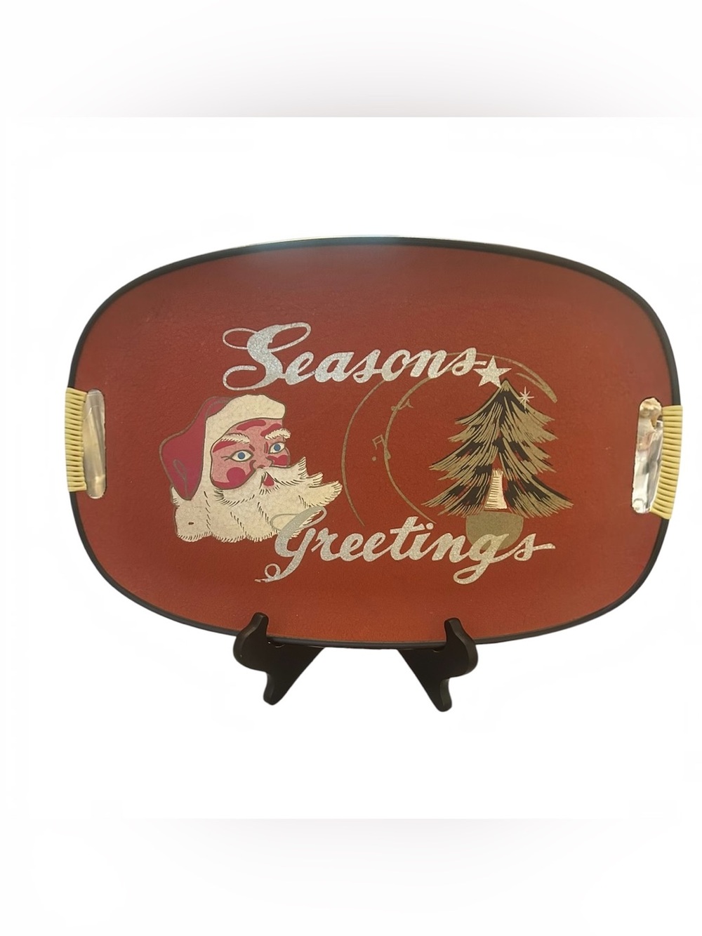 VINTAGE MCM SANTA SEASONS GREETINGS 17.75" Red TRAY